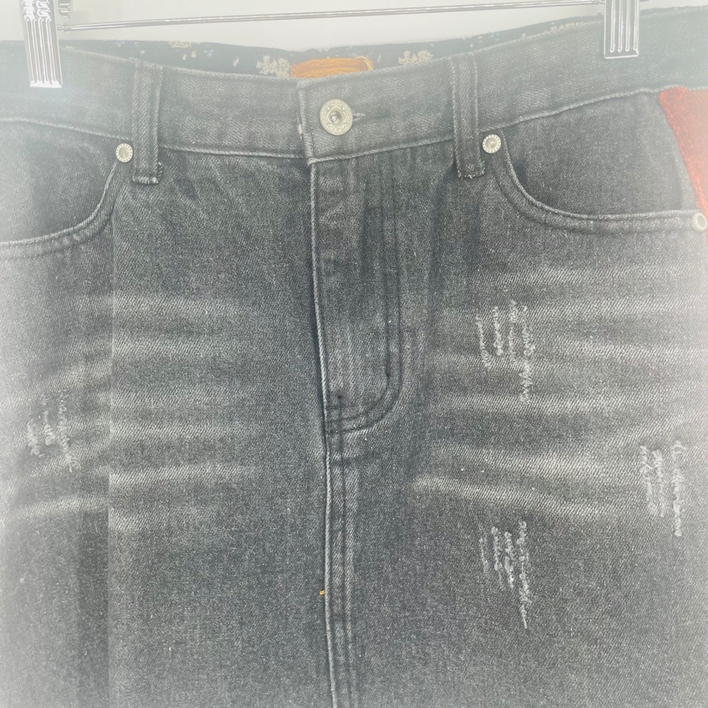 POL Black Distressed Denim Mini Skirt Rust Corduroy Stripe Raw Hem size L NWT - Picture 5 of 12